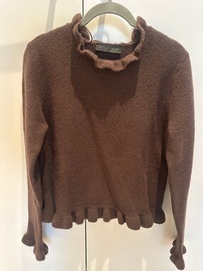 Zara Brown Ruffle-Trim Turtleneck Sweater